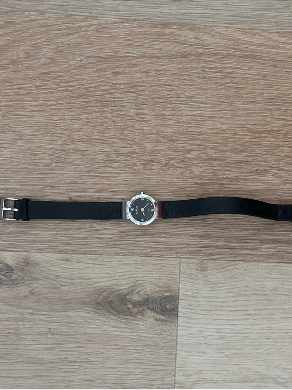 Skagen Denmark Steel Watch Black Leather Strap Silver Petite Round Minimalist